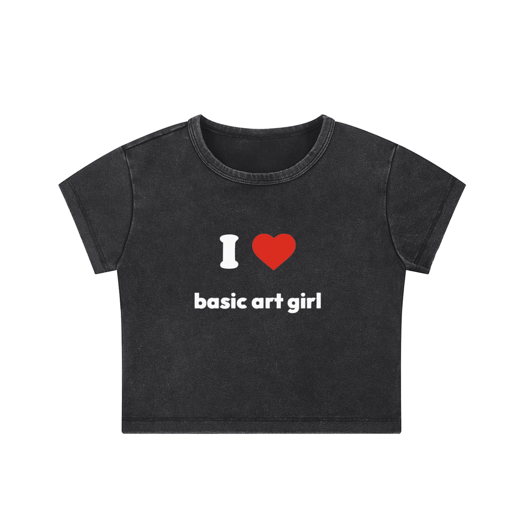 I ♥ basic art girl Snow Washed Crop Top (Pink, Black)